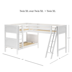 White Twin XL over Twin XL L-shaped bunk bed with ladder and wooden frame, dimensions 124" x 84" x 66.25".
