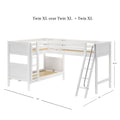White wooden L-shaped Twin XL over Twin XL bunk bed with angled ladder, guardrails and wood slat mattress supports, 124" x 84" space-saving kids' loft bed