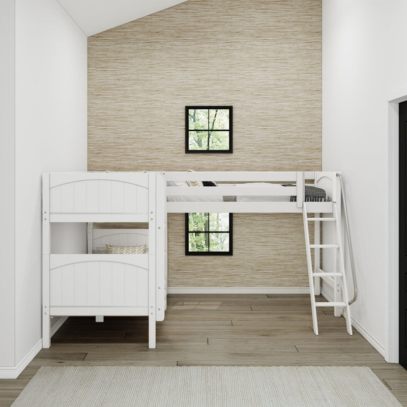 Modern kids' bedroom with white bunk beds and ladder, beige textured accent wall, black-framed windows and wood plank flooring