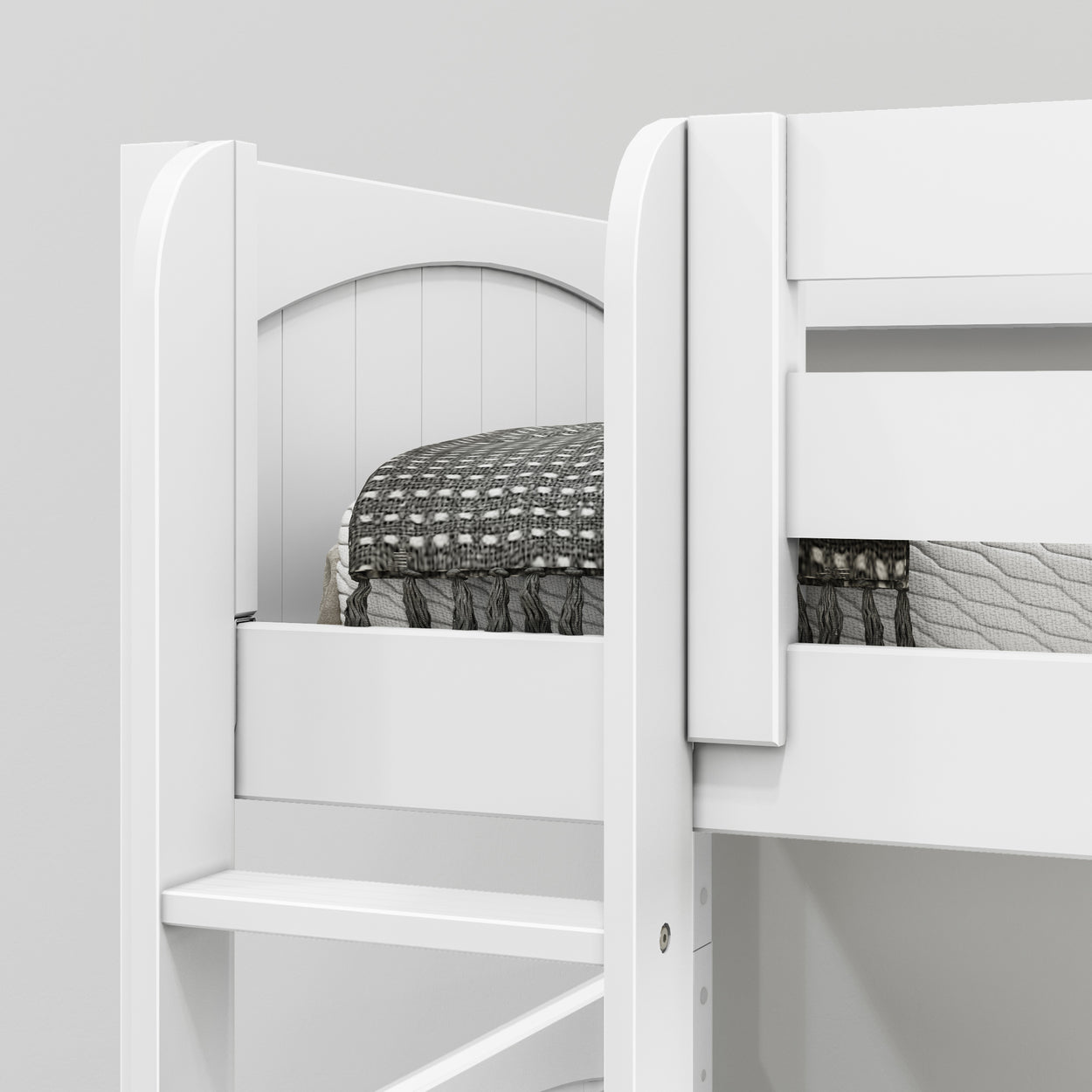White bunk bed with a cozy gray and white quilt and comfortable mattress, perfect for children's bedroom furniture.