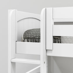 White bunk bed with a cozy gray and white quilt and comfortable mattress, perfect for children's bedroom furniture.