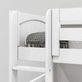 Close-up of white wooden bunk bed with ladder and safety rail, arched shiplap headboard and textured gray throw in modern kids bedroom