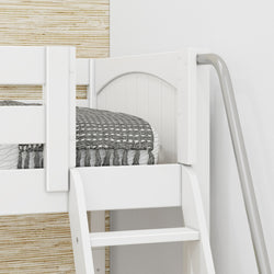 White wooden bunk bed with gray duvet and decorative pillows, featuring a sturdy ladder and light wood accent wall.