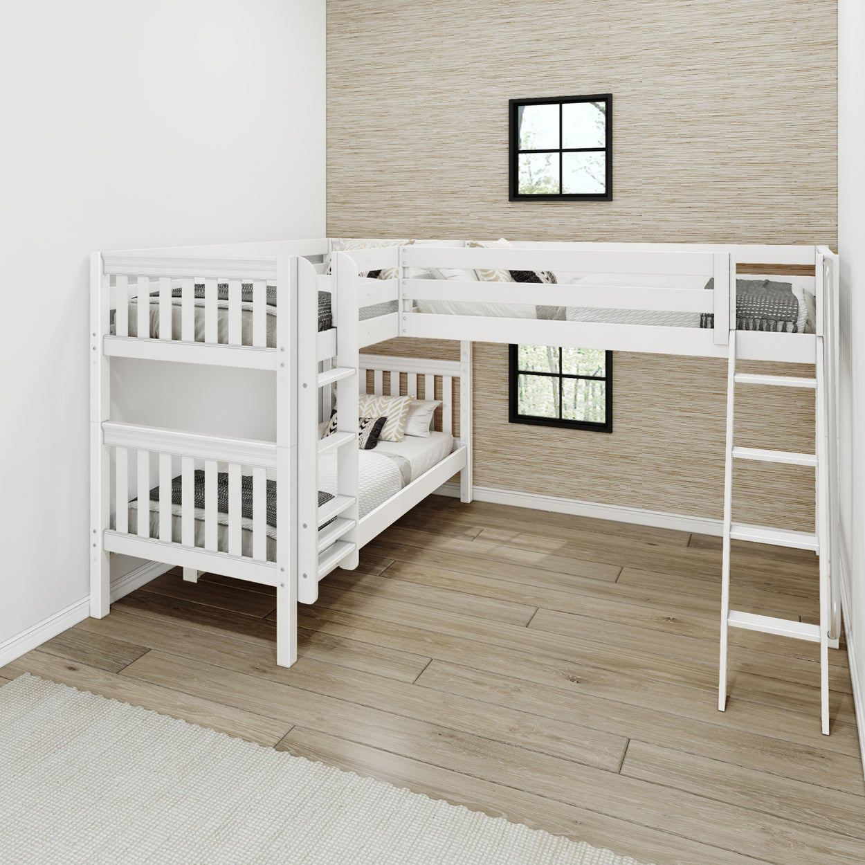 White wooden twin bunk bed with ladder in a modern, minimalist bedroom setting.