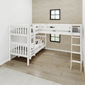 Modern white wooden bunk beds in neutral kids' bedroom with textured grasscloth accent wall, black-framed windows, ladder and hardwood floors