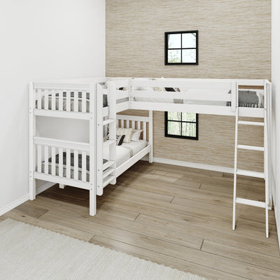 Modern white wooden bunk beds in neutral kids' bedroom with textured grasscloth accent wall, black-framed windows, ladder and hardwood floors