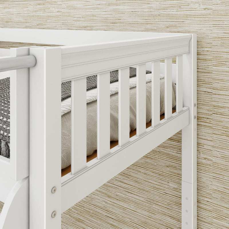 Close-up of white wooden baby crib with slatted rails, neutral mattress and bedding against textured wallpaper for modern nursery