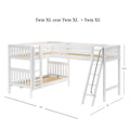 White wooden loft bunk bed in triple Twin XL configuration (Twin XL over Twin XL + Twin XL) with ladder, guardrails, slatted mattress supports, dimensions 124 x 84 x 66.25 inches