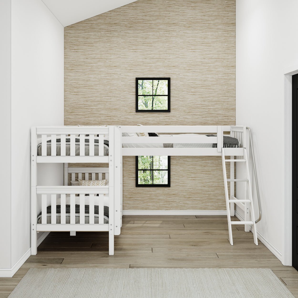 White modern loft bed with ladder in a stylish, neutral-toned bedroom with natural light.