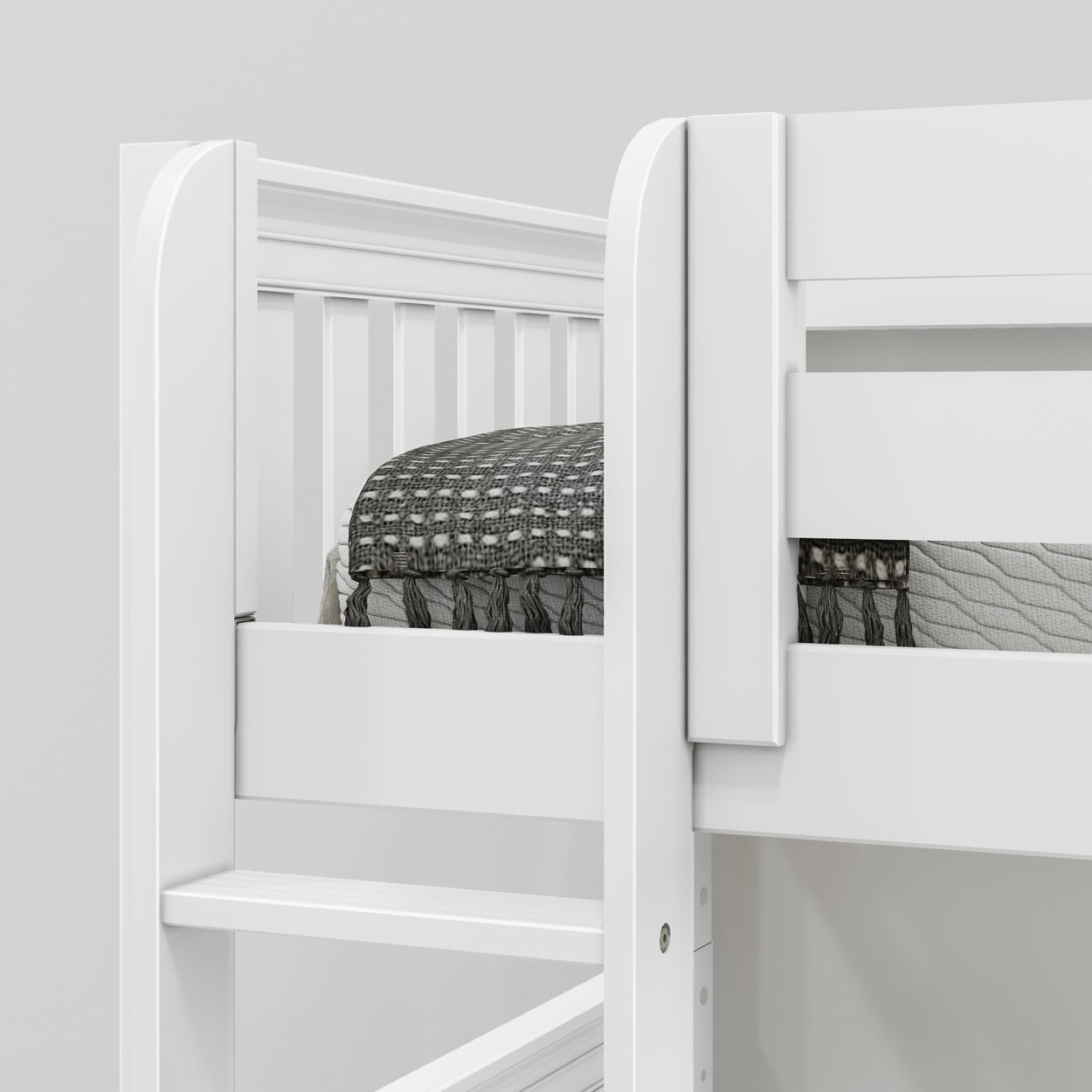 White bunk bed with grey bedding in a modern bedroom setting.
