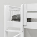 Close-up of white wooden bunk bed ladder and guardrail with slatted headboard and gray woven blanket, modern nursery furniture detail