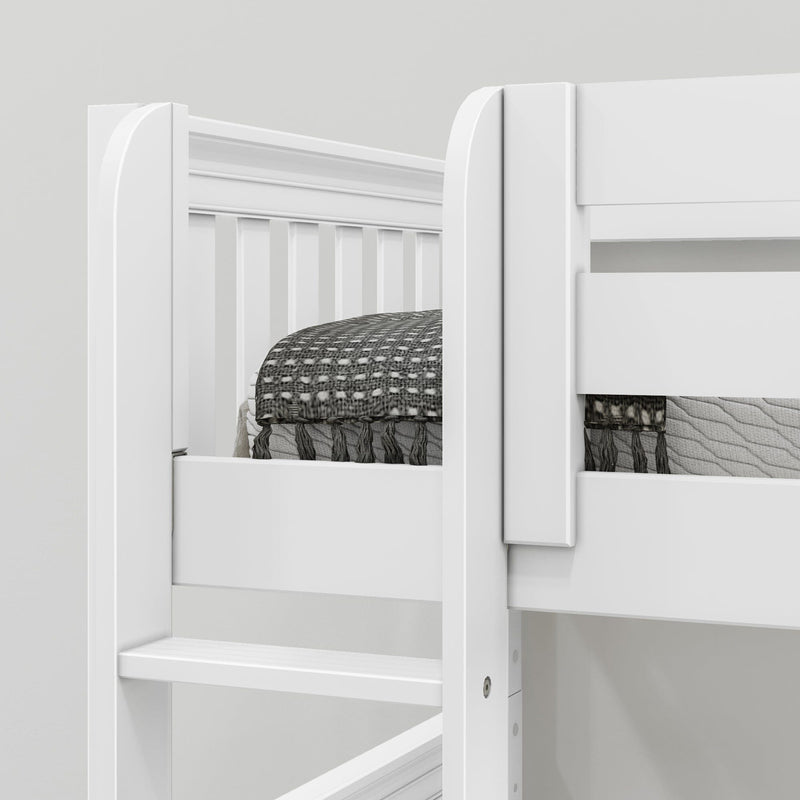Close-up of white wooden bunk bed ladder and guardrail with slatted headboard and gray woven blanket, modern nursery furniture detail