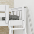 Close-up of white wooden bunk bed ladder and guardrail with gray textured blanket and horizontal wood accent wall in modern bedroom