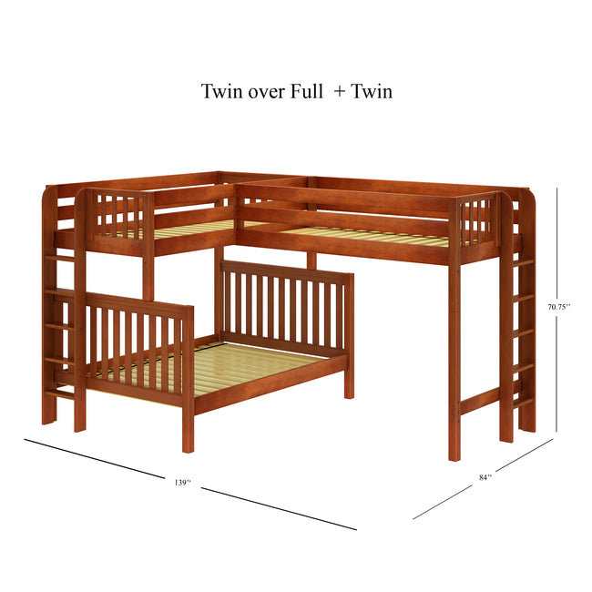 TRILATERAL 1 CS : Corner Loft Beds Twin over Full + Twin High Corner Loft Bunk with Staight Ladders on Ends, Slat, Chestnut