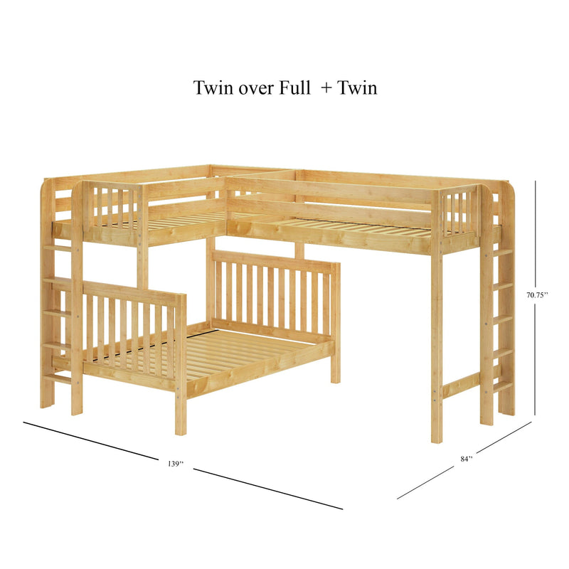 Natural pine L-shaped bunk bed — Twin-over-Full plus Twin configuration, solid wood slatted rails, dual ladders, space-saving corner design for kids' bedrooms