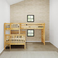 Natural pine wooden loft bunk bed with ladder in a minimalist children's bedroom, space-saving two-level design, light wood floors, beige textured accent wall and two black-framed windows.