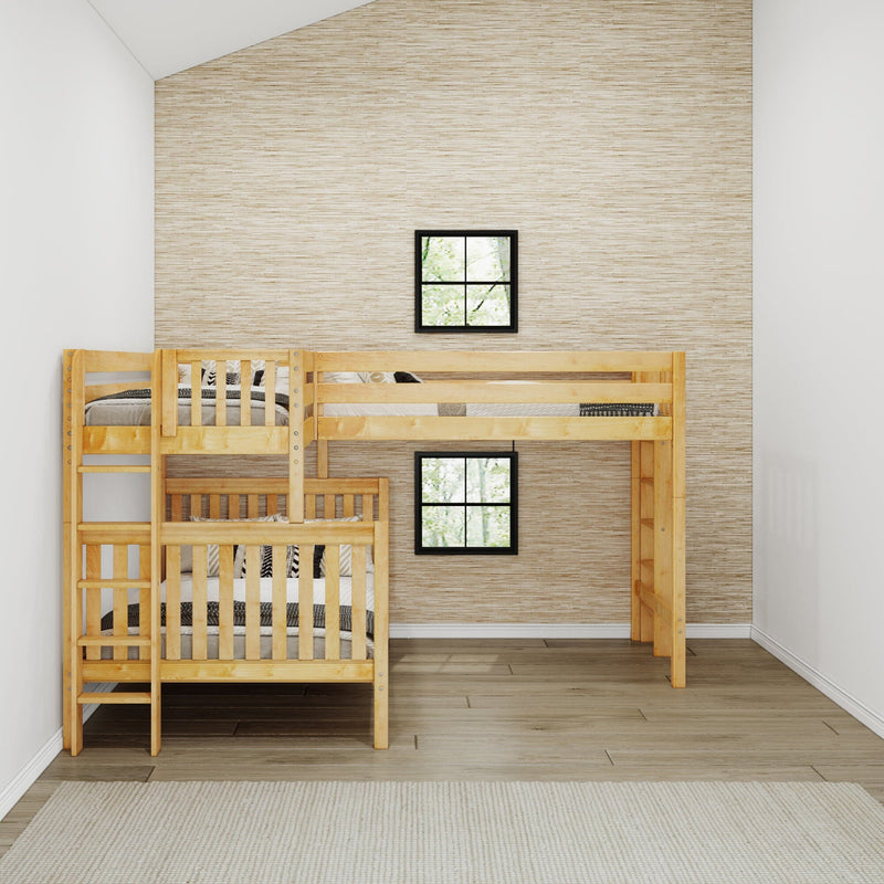 Natural pine wooden loft bunk bed with ladder in a minimalist children's bedroom, space-saving two-level design, light wood floors, beige textured accent wall and two black-framed windows.