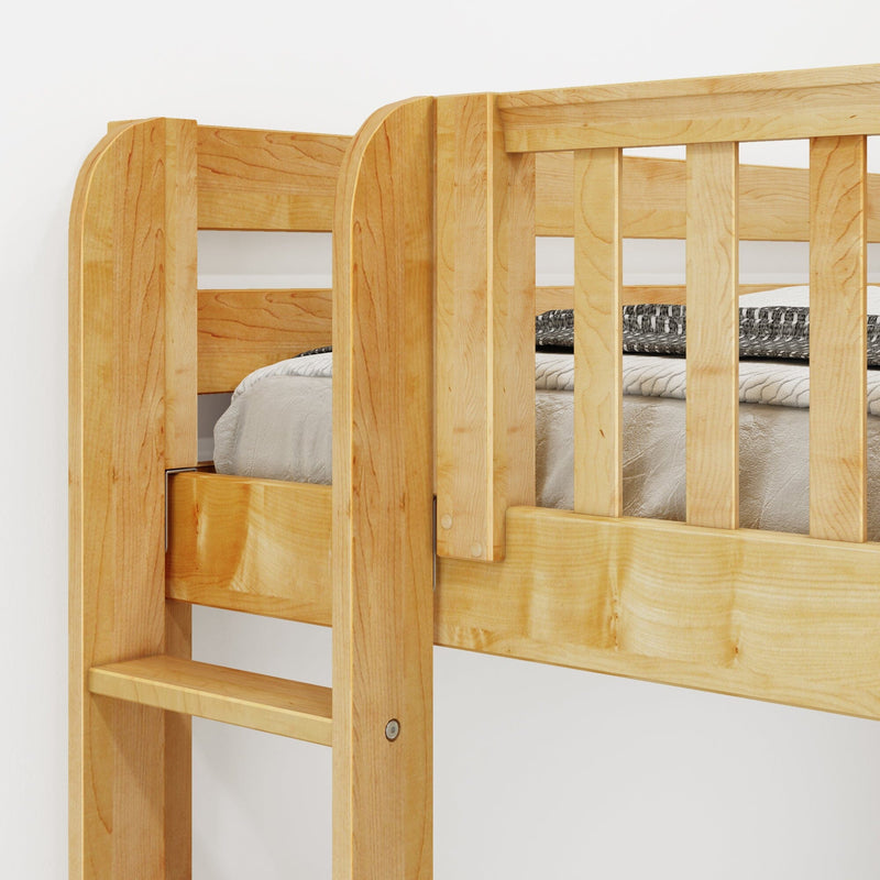 Close-up of light natural wood bunk bed ladder and safety guardrail with solid maple finish and visible mattress and bedding