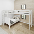 White L-shaped twin-over-full wooden bunk bed with built-in ladder and safety rails in modern space-saving kids bedroom with neutral bedding, light wood floors and textured beige accent wall
