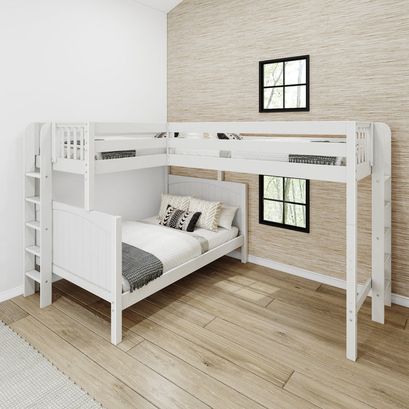 White L-shaped twin-over-full wooden bunk bed with built-in ladder and safety rails in modern space-saving kids bedroom with neutral bedding, light wood floors and textured beige accent wall