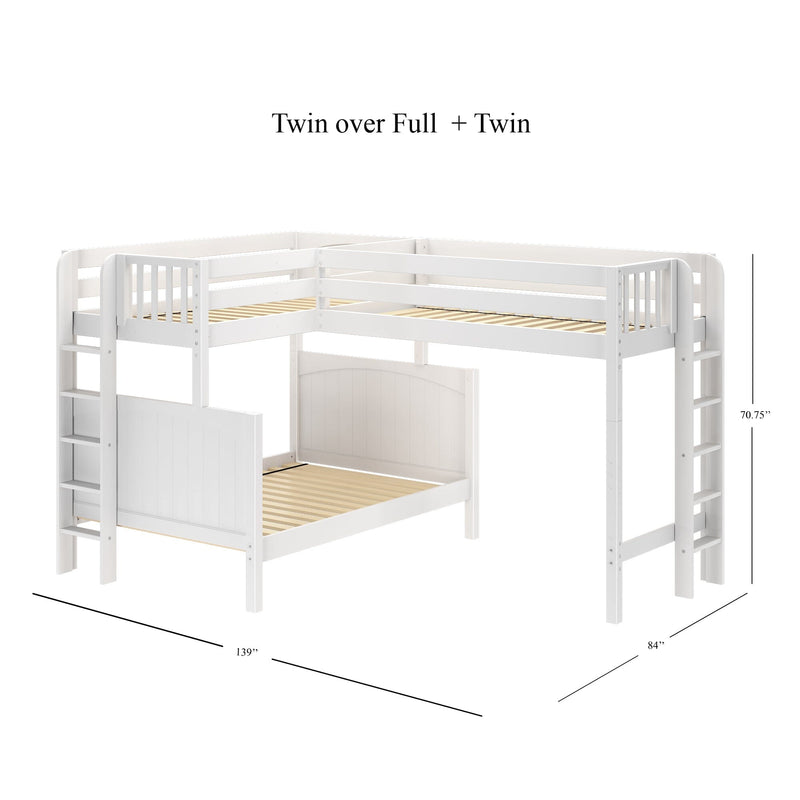 White L-shaped twin-over-full plus twin loft bunk bed with ladders and wooden slat mattress support, 139 in x 84 in x 70.75 in, space-saving kids bedroom furniture