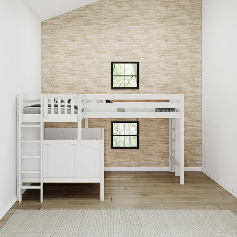 White wooden loft bunk bed with ladder in minimalist kids bedroom, woven beige accent wall, two black-framed windows, hardwood floor and neutral area rug