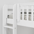 Close-up of a white wooden bunk bed ladder and safety guardrail with mattress and folded blanket — modern kids' bedroom furniture.