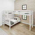 White L-shaped twin-over-full loft bunk bed with built-in ladder and guardrails in modern space-saving kids' bedroom with wood floors and beige textured accent wall