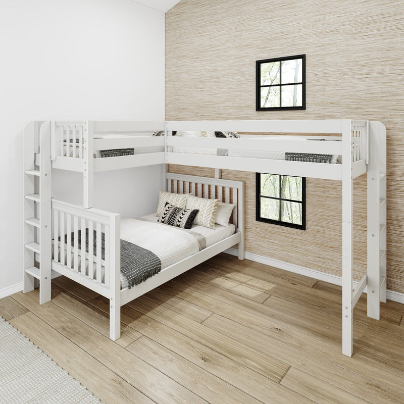 White L-shaped twin-over-full loft bunk bed with built-in ladder and guardrails in modern space-saving kids' bedroom with wood floors and beige textured accent wall