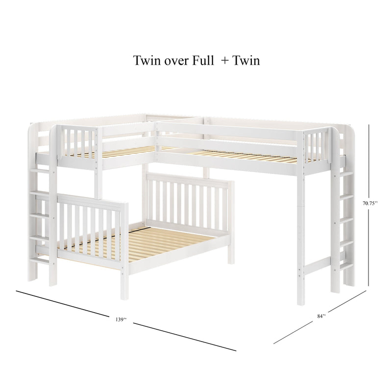 White wooden L-shaped twin-over-full plus twin bunk bed with ladders and slatted mattress platforms, space-saving loft design for kids' bedroom, 139 in x 84 in x 70.75 in