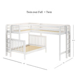 TRILATERAL 1 WS : Corner Loft Beds Twin over Full + Twin High Corner Loft Bunk with Staight Ladders on Ends, Slat, White