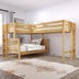 Natural wood loft-style bunk bed with ladders, white bedding, decorative pillows, patterned rug and window curtains in a bright modern bedroom