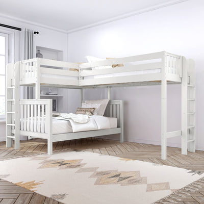 White wooden loft bunk bed with lower twin bed in a modern bedroom setting.