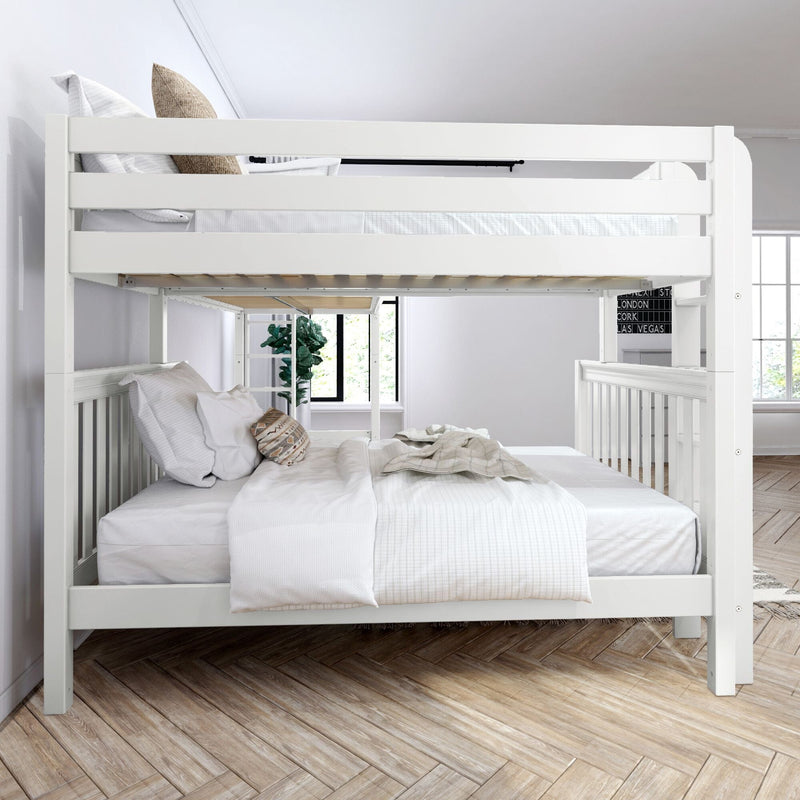 White wooden bunk bed with top loft and lower bed, white linens and decorative pillows in a bright modern kids' bedroom with hardwood herringbone floor and potted plant