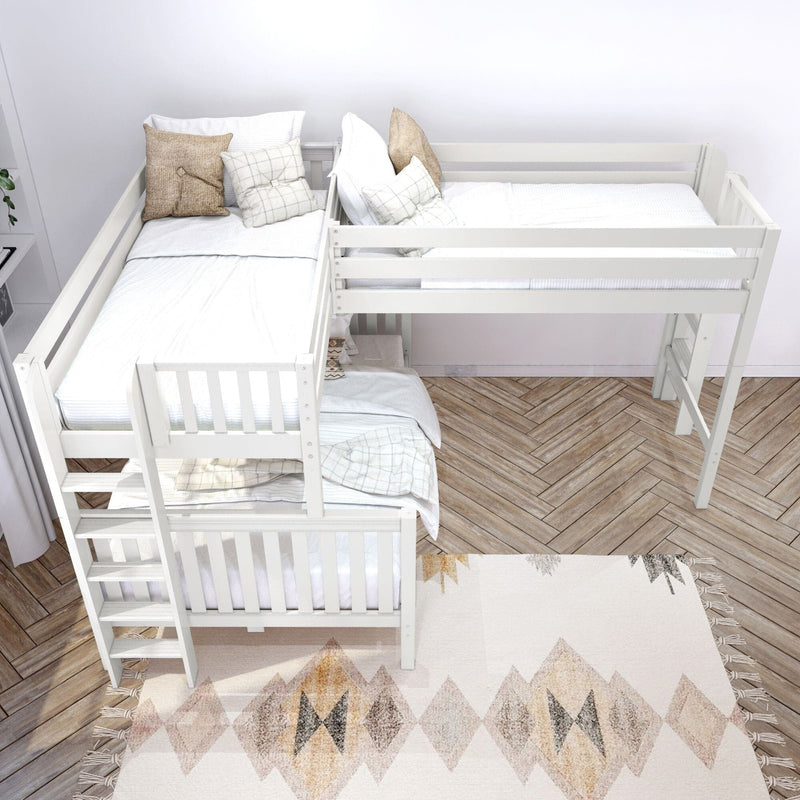 White wooden twin-over-twin bunk bed with neutral plaid and beige pillows, white bedding, herringbone wood floor and patterned rug in kids' bedroom