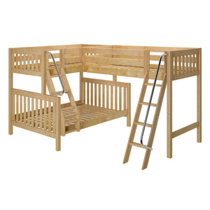 Natural-finish wooden L-shaped bunk bed with upper loft and lower platform bed, dual ladders, slatted guardrails and space-saving corner design