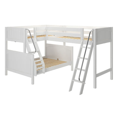 White L-shaped twin-over-full wooden bunk bed with safety guardrails and two ladders, space-saving loft design for kids' bedrooms
