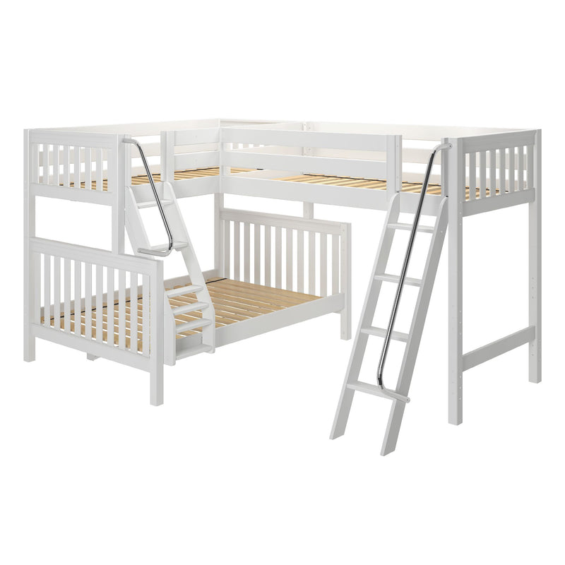 White wooden L-shaped loft bunk bed with twin upper bunk and full lower bed, slatted mattress supports, two ladders and chrome handrails — modern space-saving kids’ bedroom furniture