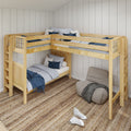 Space-saving natural wood L-shaped twin bunk bed with blue bedding, jute rug and beige beanbag in children's bedroom