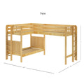 Twin L-shaped natural wood loft bunk bed with ladder and safety rails, space-saving twin-over-twin design in pine finish, 71 in H × 122.5 in L × 80 in D