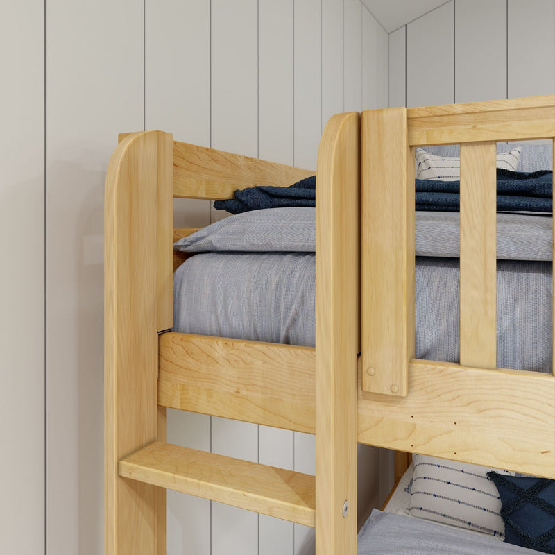 Natural light wood bunk bed with built-in ladder, cozy gray bedding and slatted guardrail in a space-saving kids bedroom