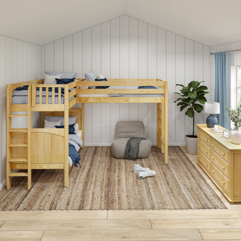 Cozy children's bedroom with light wood loft bunk bed and ladder, lower twin bed, woven neutral rug, beanbag chair, wooden dresser, potted plant, lamp and blue curtains on white shiplap walls — space-saving kids' bunk bed design