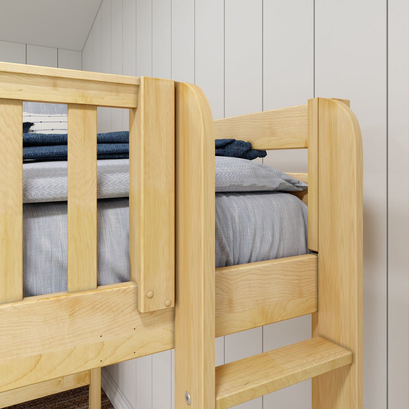 Close-up of light natural wood bunk bed ladder and guardrail with gray bedding in children's bedroom