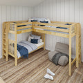 L-shaped natural wood twin loft bunk bed with ladder and blue-gray bedding in a space-saving kids' corner bedroom with woven rug and bean bag chair