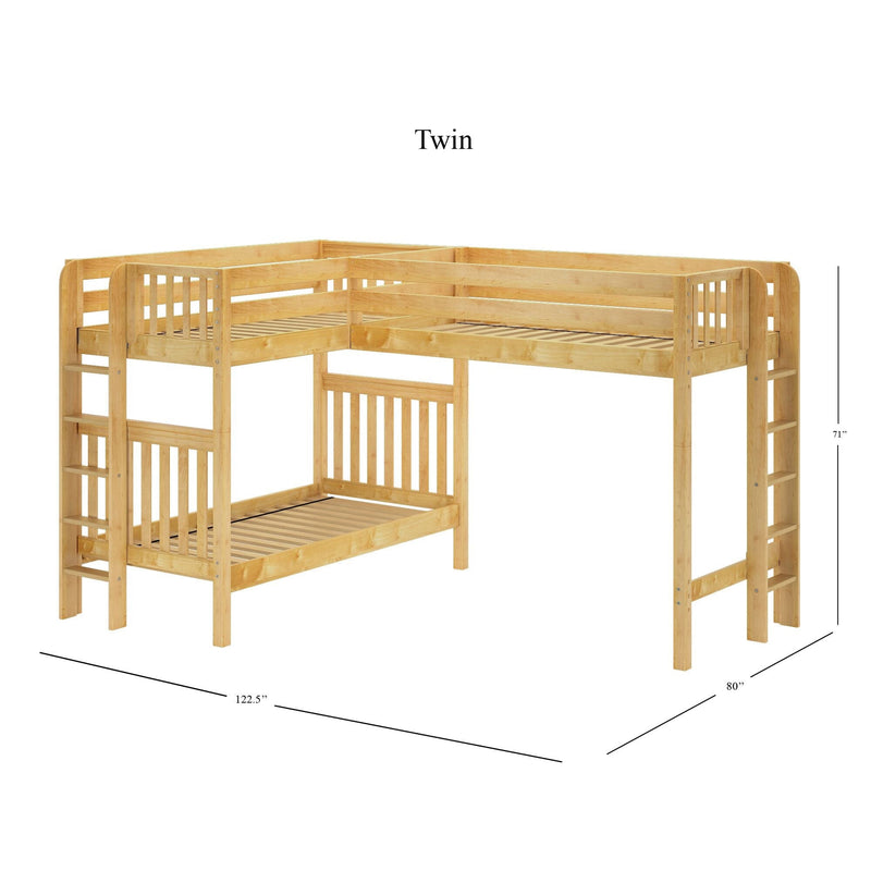 L-shaped twin bunk bed in natural solid wood finish with integrated ladders, space-saving corner design — dimensions 122.5 in x 80 in x 71 in