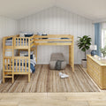 Cozy kids bedroom with natural wood loft bunk bed and twin beds, blue bedding, jute rug, beanbag chair, wooden dresser, lamp and potted plant