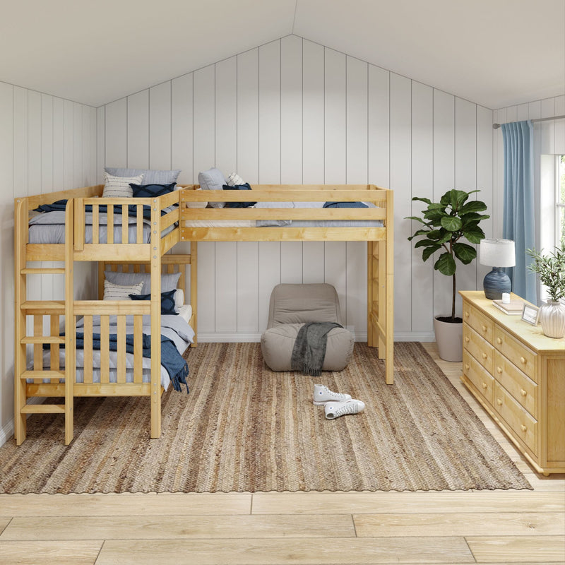 Cozy kids bedroom with natural wood loft bunk bed and twin beds, blue bedding, jute rug, beanbag chair, wooden dresser, lamp and potted plant
