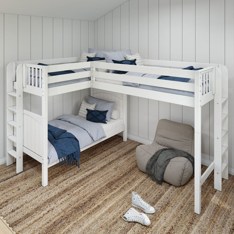 Space-saving L-shaped twin-over-twin white wooden bunk bed in a modern kids' bedroom with blue bedding, white shiplap walls, jute rug, gray beanbag chair and sneakers.