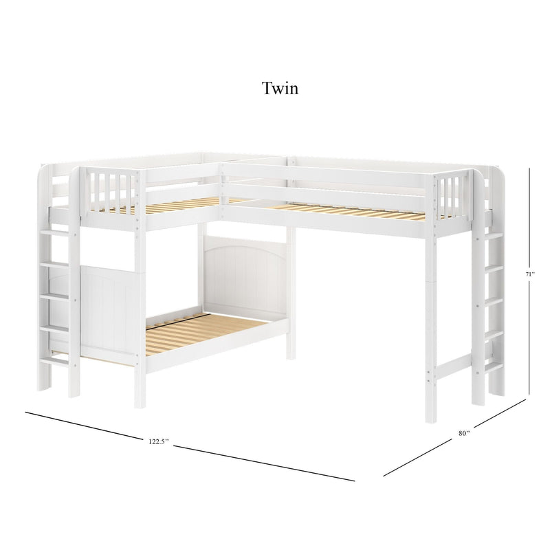 White L-shaped twin loft bunk bed with ladders and safety rails, solid wood slat support, space-saving kids bedroom solution, 122.5 in L x 80 in D x 71 in H