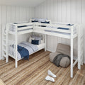 White L-shaped twin-over-twin corner bunk bed with navy-gray bedding, ladder and bean bag reading nook on a jute rug in a coastal-style kids' bedroom